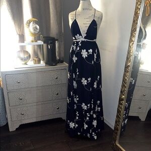 Lulu's Navy and White Floral Halter Maxi Dress